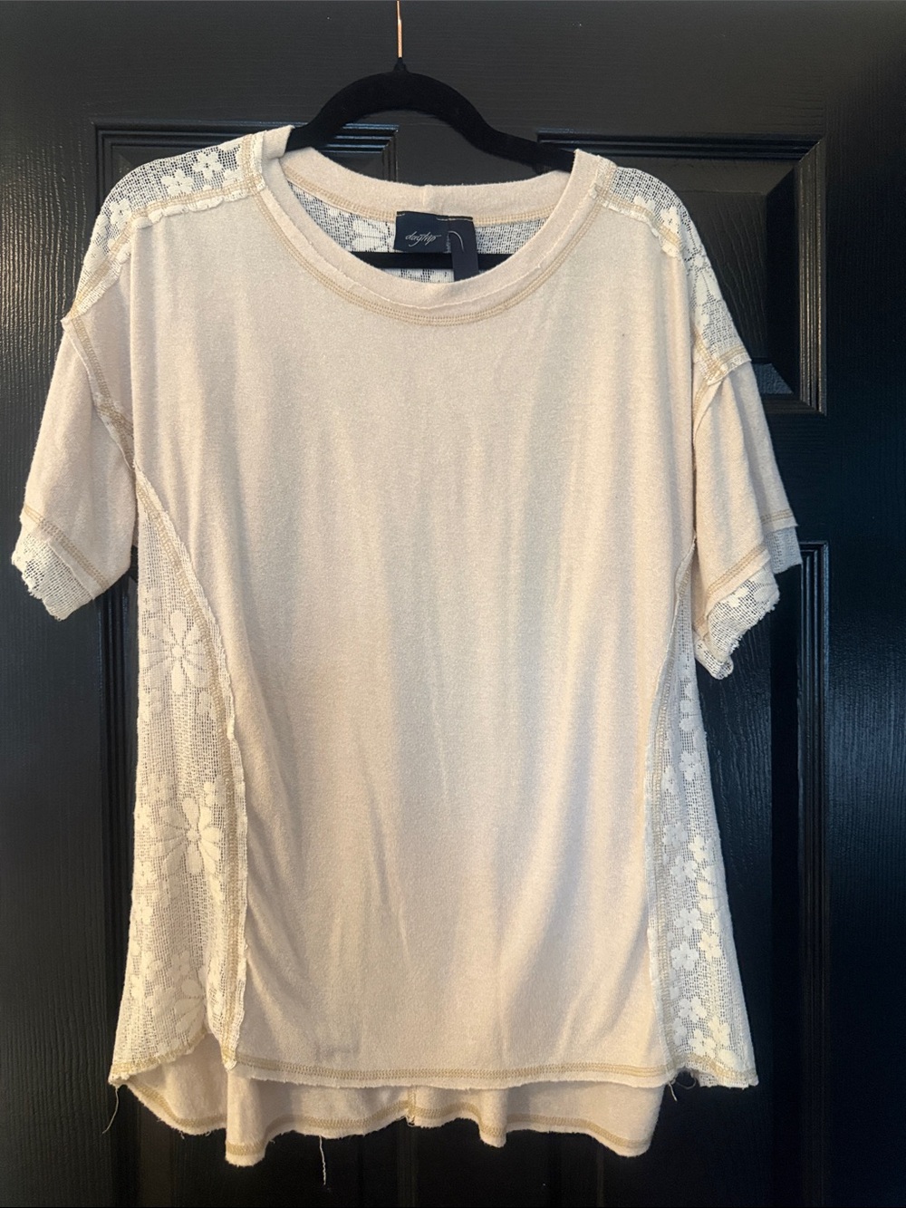 Daytrip Beige Short Sleeve Tee with Lace Insets
